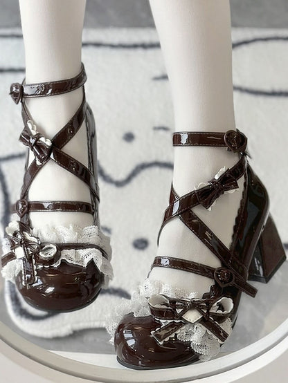 with PU Ruffles Fashion Top Double Block Shoes Mid Heels Black Lace Lolita