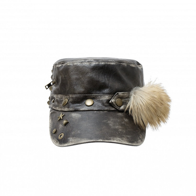 Dark Red Brown Punk Hat with Stud Details