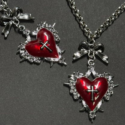 Bow Necklace Y2K Red Cross Burgundy Heart Keychain/Red