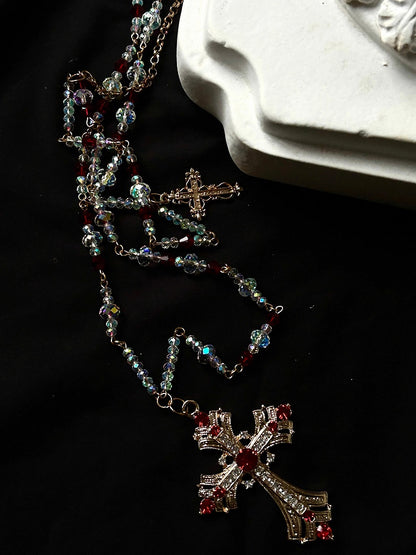 Red/White  Gothic Lolita Beaded Necklace with Cross Pendent