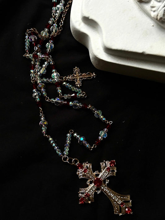 Red/White  Gothic Lolita Beaded Necklace with Cross Pendent