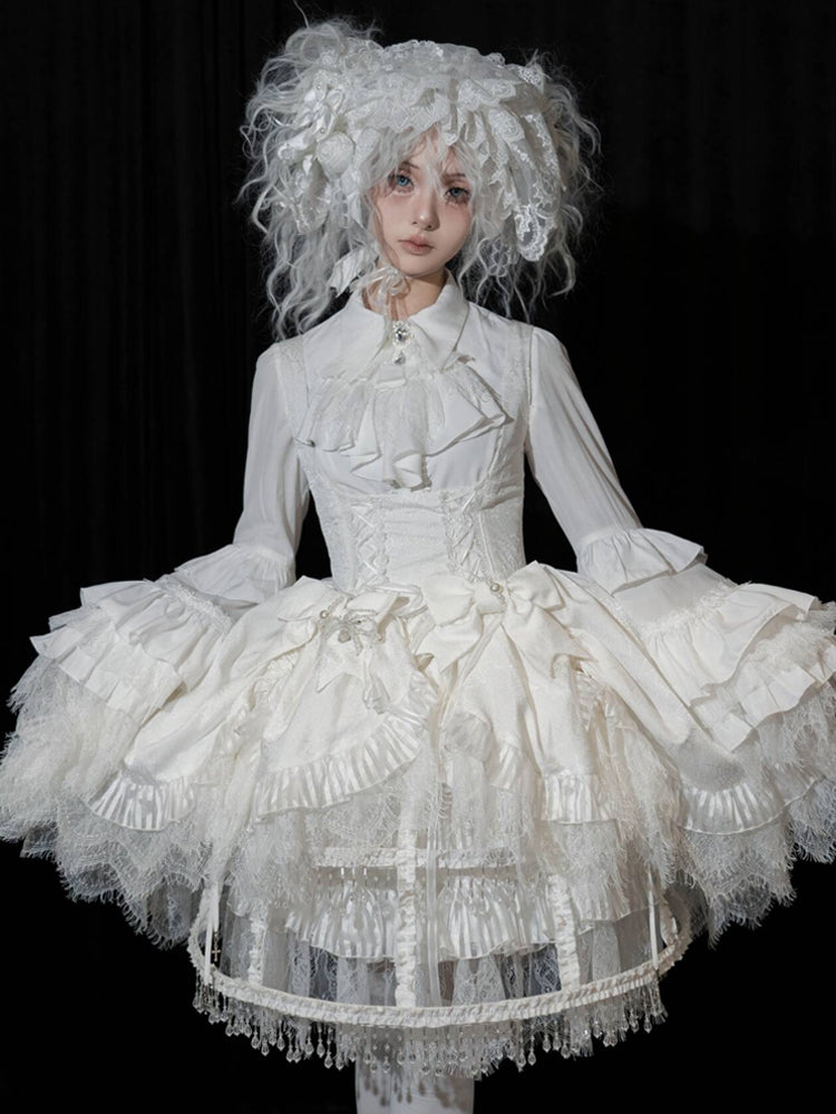 White Layered Bell Sleeves Gothic Lolita Shirt Cross Charm Pointed Collar