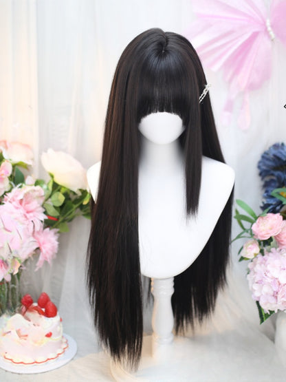 Black Tea Under Bust Length Straight Wig with Full Bangs