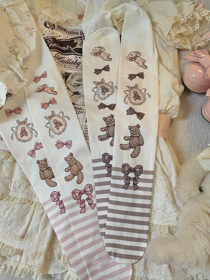 Brown/Pink Bunny and Bear Striped Sweet Lolita Tights