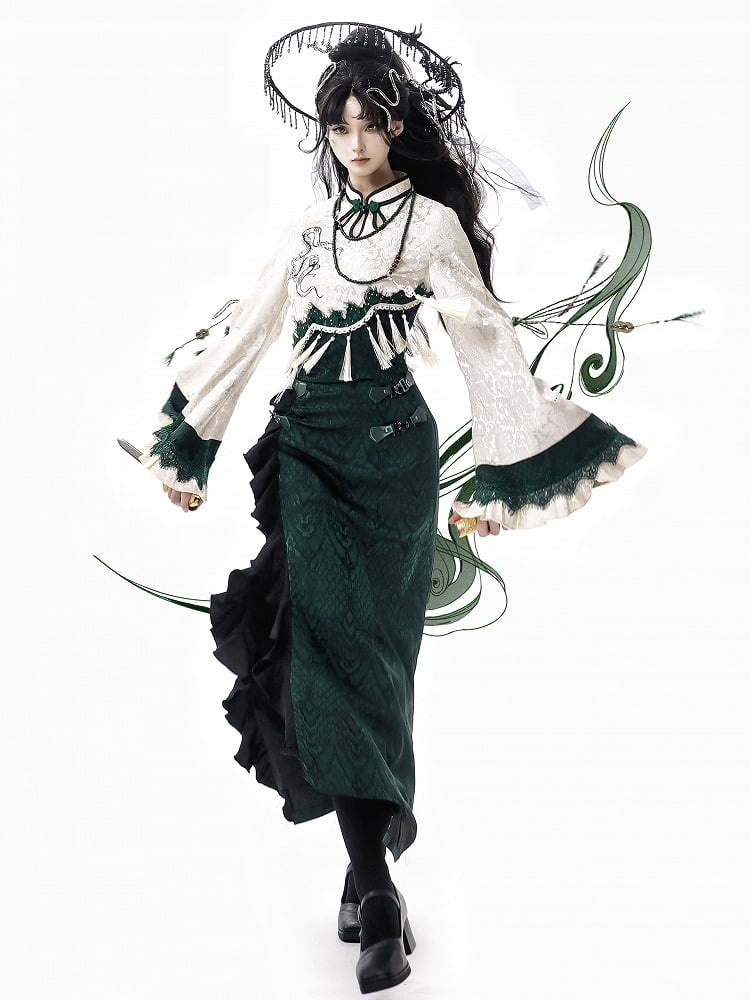 Slythern Green Flounce Sleeves Cheongsam Style Goth Snake Scale Pattern Qipao Dress Short/Long Version