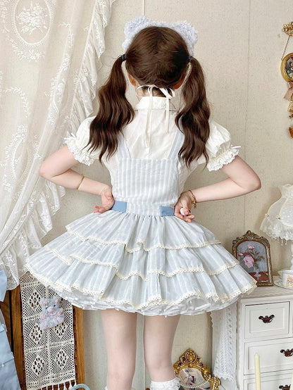 Sweet Ruffle Layered Striped Dress Bow with Accents Overall Blue Lolita