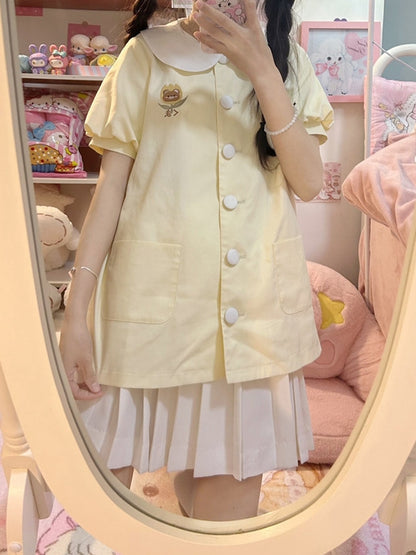 Light Yellow Teddy Peter Pan Collar Puff Sleeves Top