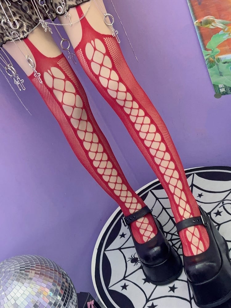 Cut-out Rock Black/Red/White Suspender Punk Design Stockings