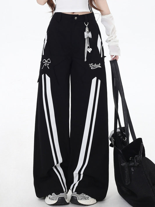 Pantalon noir taille haute à rayures blanches coupe droite