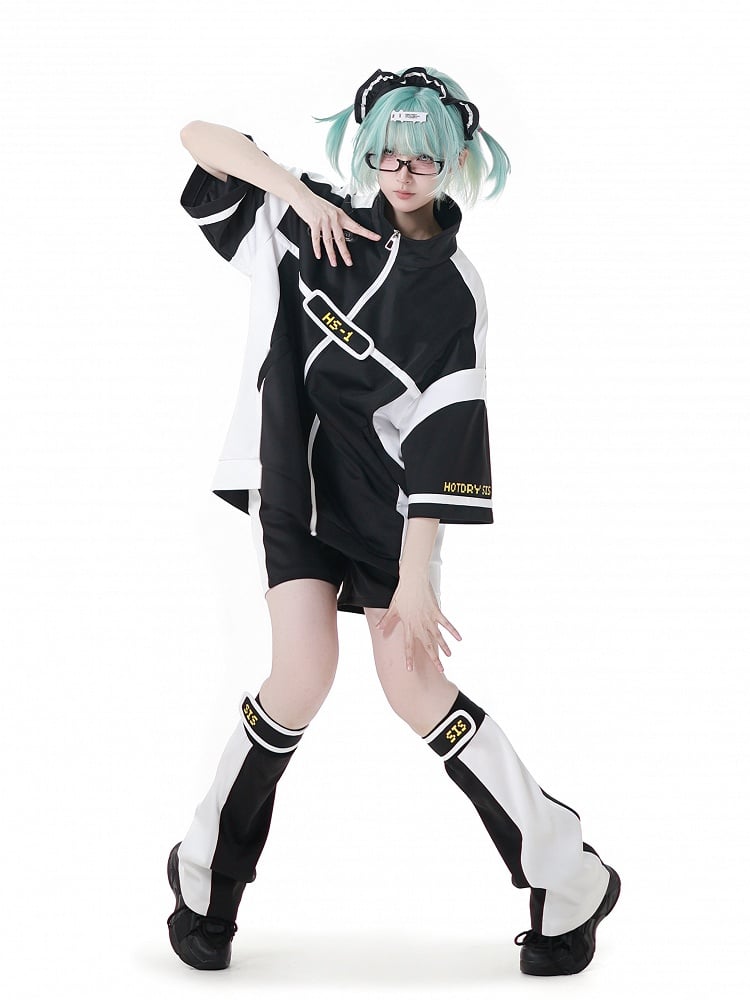 White Colorblock Design Jirai Kei Sports Shorts Black