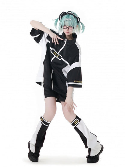 White Colorblock Design Jirai Kei Sports Shorts Black