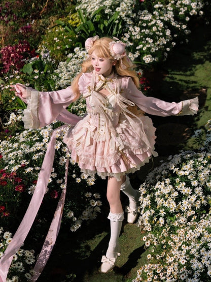 Sakura Pink Qi Lolita-Kleid mit Korsett-Taille und großer Schleife an der Taille