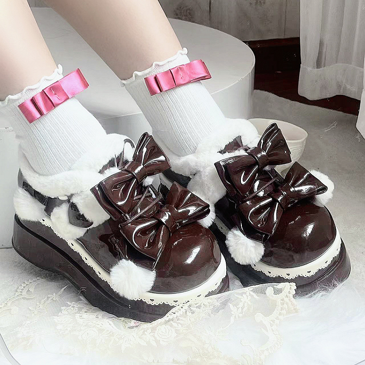 Lolita Coffee Cute Heart Bowknot Platform Shoes With Pompons