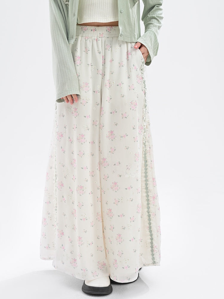 Short/Regular Lace Trim Wide-Leg Pants Floral White Elastic Waist Ruffled Version