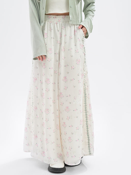 Short/Regular Lace Trim Wide-Leg Pants Floral White Elastic Waist Ruffled Version