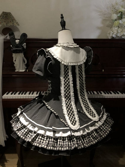 mit Ohrenkragen Gestreiftes Kleid Dark Lolita bei Gothic Bunny Kurze Ärmel Grauer Rücken