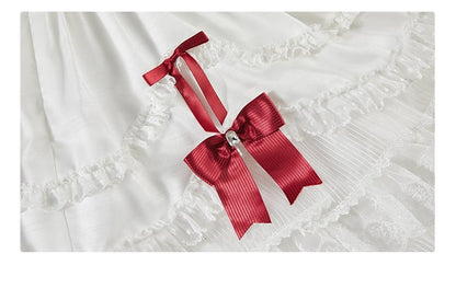 White Strawberry Princess Layered Ruffle Dress Sweet Lolita Jumper Skirt with Detachable Puff Sleeves