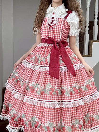 Robe vichy pique-nique Lolita rouge à imprimé fraises et jupe pull Sweet Lolita