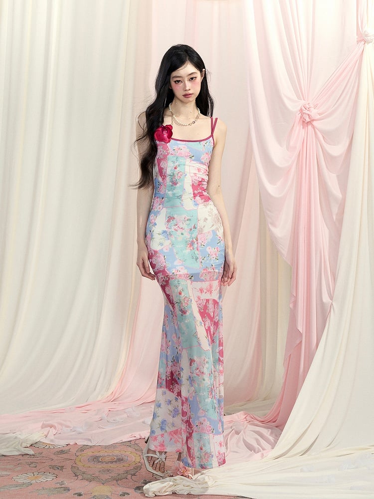 Slip Dress Mermaid Skirt Print Backless Blue Oil Painting Floral