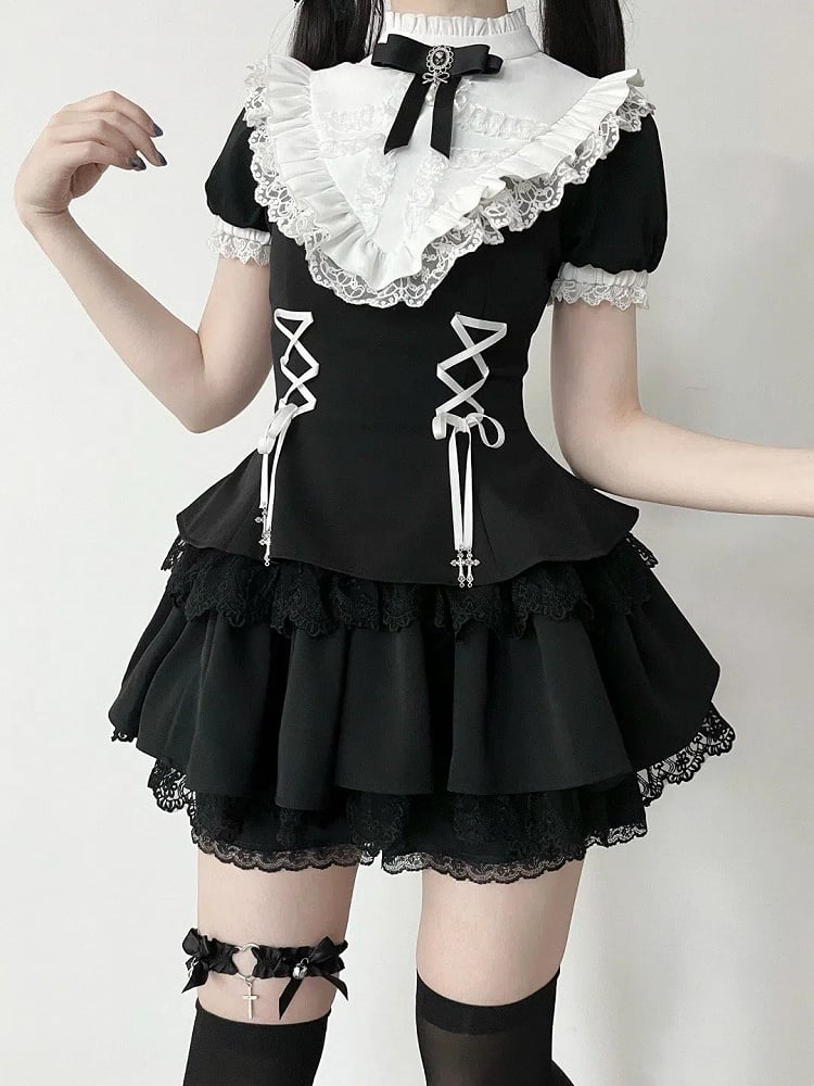 Kurze Rüschen Schwarze Ärmel Weißer Ausschnitt Gothic Kreuz Schnürung Charms Kleid Lolita