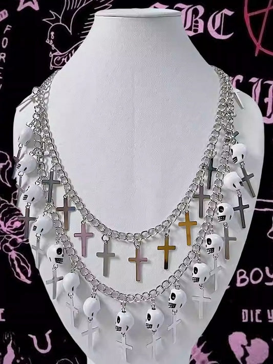 Pendant Necklace Punk Skeleton Cross Silver And