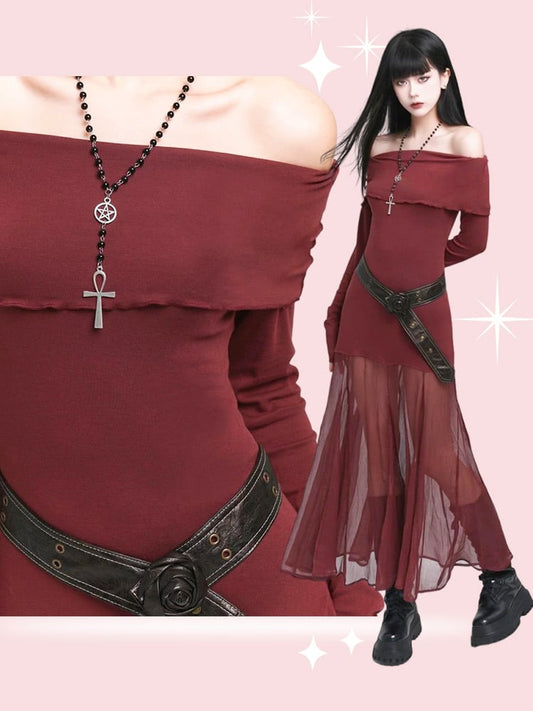 Robe glamour rouge vin semi-transparente à épaules dénudées