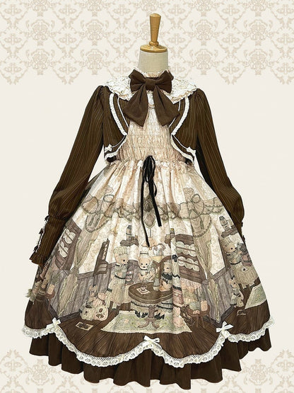 Fake Pieces Design Coffee Creamy Lolita House Print Dress Sleeves Long Teddy Two