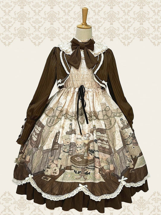 Fake Pieces Design Coffee Creamy Lolita House Print Dress Sleeves Long Teddy Two