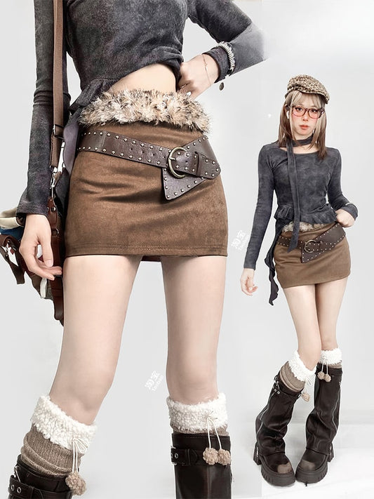 Coffee Shaggy Waistline Skirt with Buckle Belt