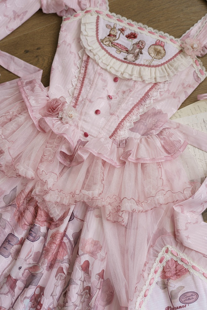 Pink Bunny Basque Waist Mushroom Skirt Princess and Jumper Lolita Print
