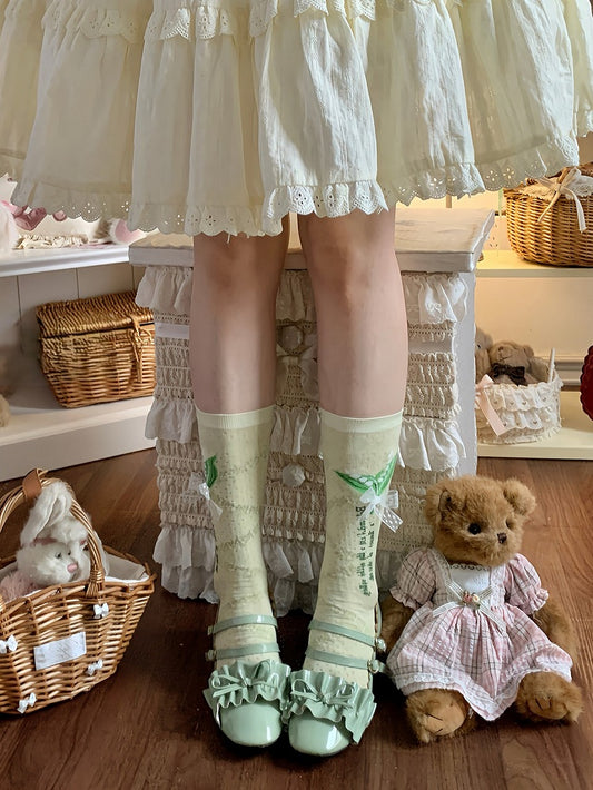Of Pattern Lily And White/Green Bowknot Valley Calf The Socks Lace