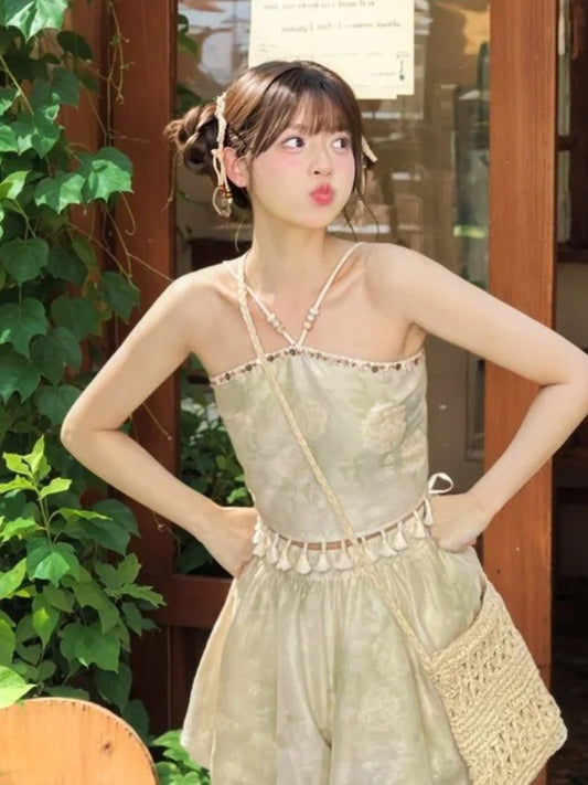 Fringe Hem Holiday Top Light Green Halter Neck Floral Print