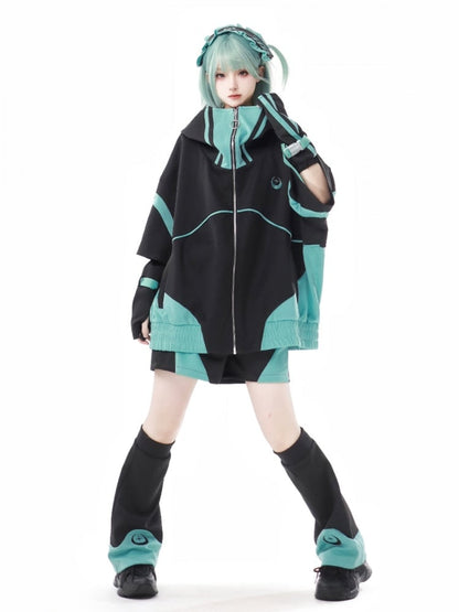 Black&Green Colorblock Design Zip Hoodie Jirai Kei Sweatshirt