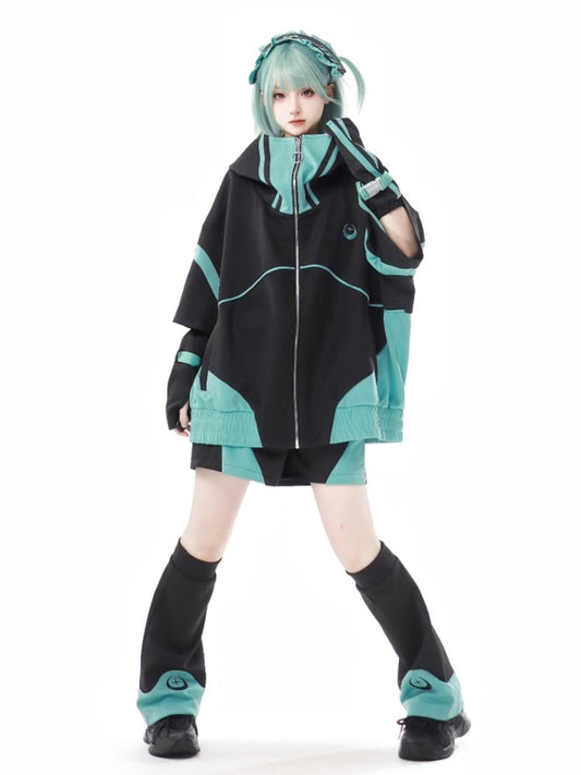 Black&Green Colorblock Design Zip Hoodie Jirai Kei Sweatshirt