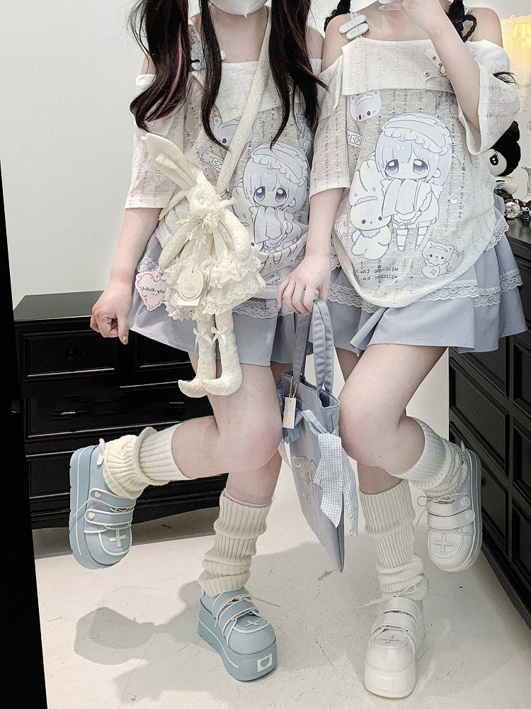 Jirai T-shirt Neckline Kei Kawaii Print Off-the-shoulder White Yami Cartoon