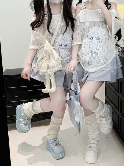 Jirai T-shirt Neckline Kei Kawaii Print Off-the-shoulder White Yami Cartoon