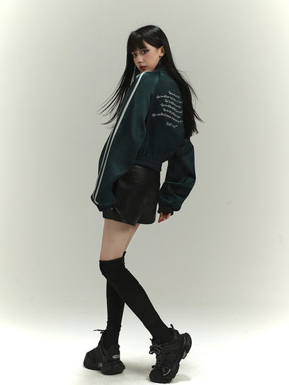 Veste de baseball vintage Acubi Fashion vert foncé avec broderie de lettres