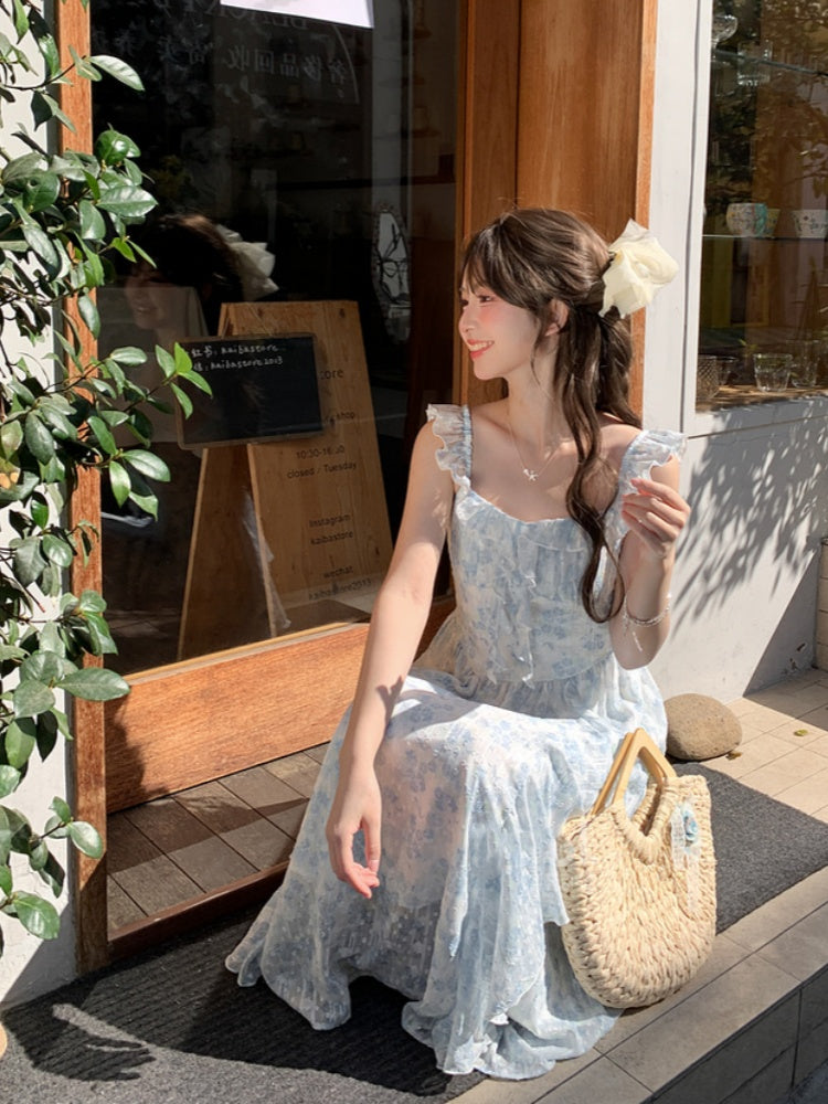 Sleeves Blue Flutter Cascading Ruffle Light Accents Floral Sleeveless Dress