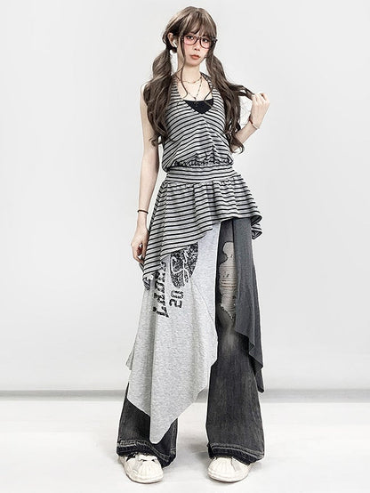 Shorts Hem Black Slit With Letter Asymmetrical Side Skirt Gray Print Glamorous
