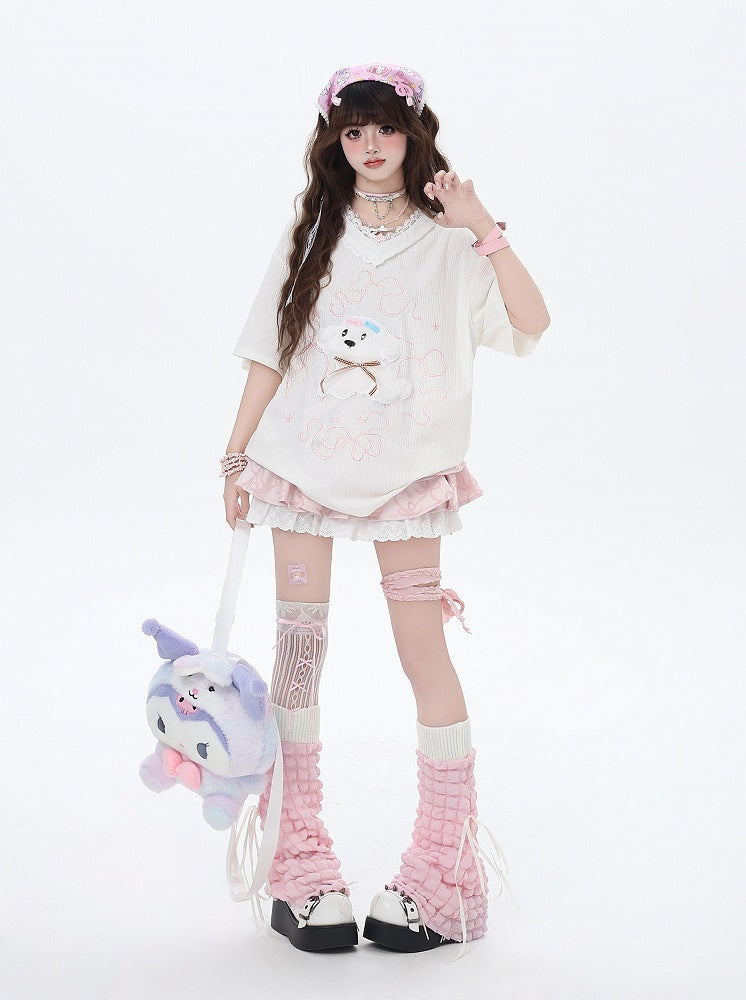 V-Neck Plush Puppy Applique Trim Loose T-Shirt Beige/Light Blue Lace