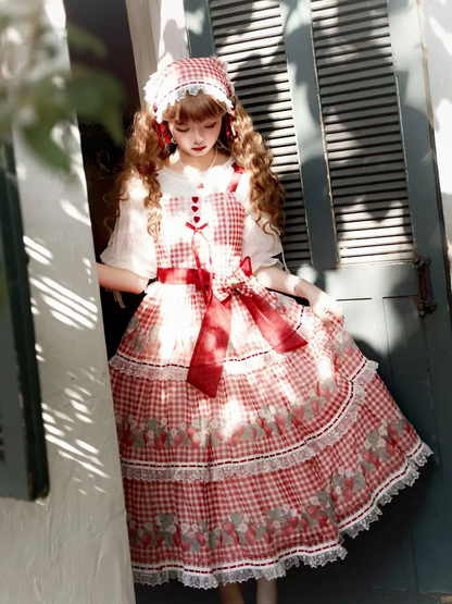 Robe vichy pique-nique Lolita rouge à imprimé fraises et jupe pull Sweet Lolita