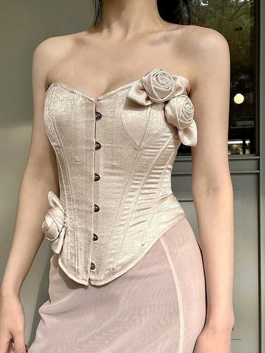 Nude Pink Vintage Bustier Flowers Satin Boned Corset Top