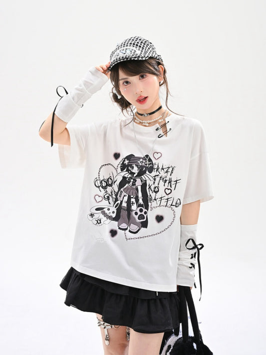 Lace-up with Neckline Detail Punk Girl Print Slit Gloves White Y2K T-Shirt