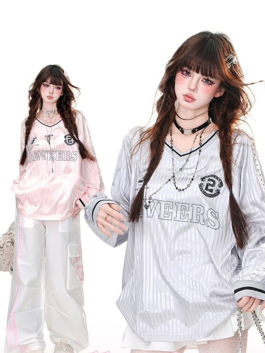 Pink/Gray Striped Pattern V-Neck Loose Sweatshirt