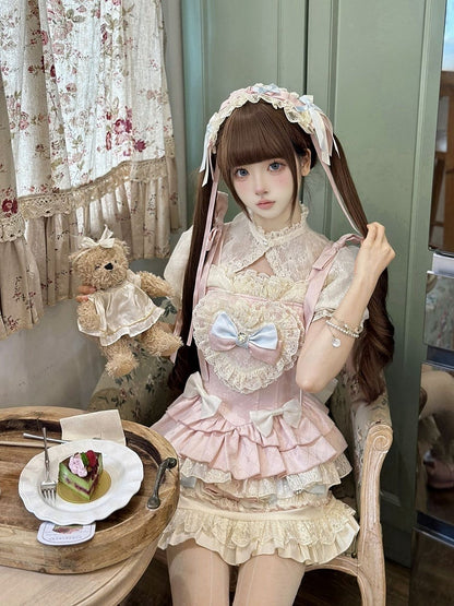 Skirt Lolita + Accents Puff Pink Full Sleeves and Set Cami Sweet - Top Cropped Bow Blue