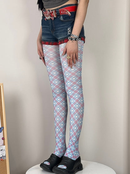 Heart Diamond Print Y2K Tights Pattern BluePink
