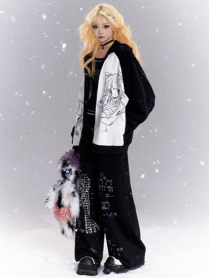 Black and White Manga Girls Print Colorblock Zip Hoodie