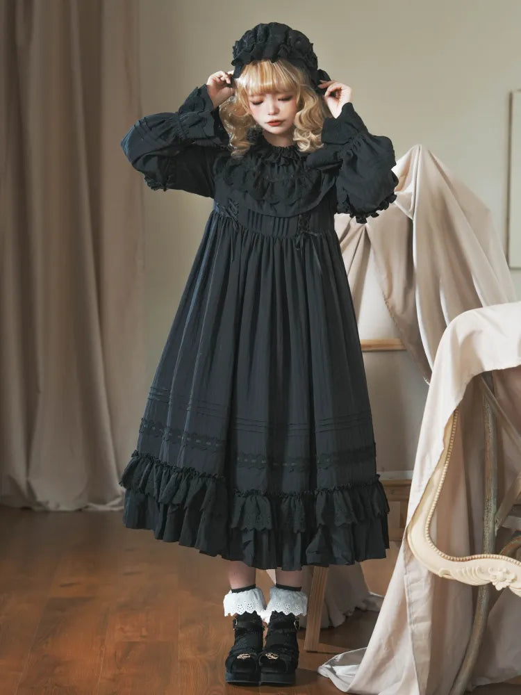 Layered Gothic Neck Kuro Ruffled Black Lolita Hemline Long All Ruffle Dress Sleeves