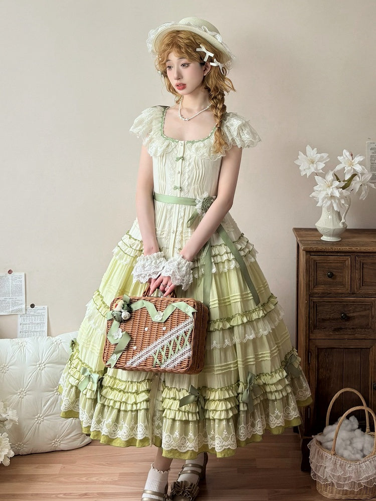 Decorated Flower Green Ribbon Case and Picnic Rattan