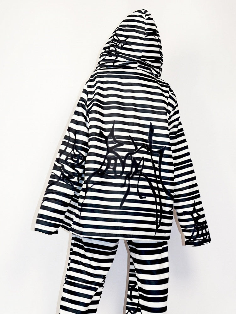 Hoodie Oversized Gyaru BlackWhite Pattern Fashion Zip Striped Closure